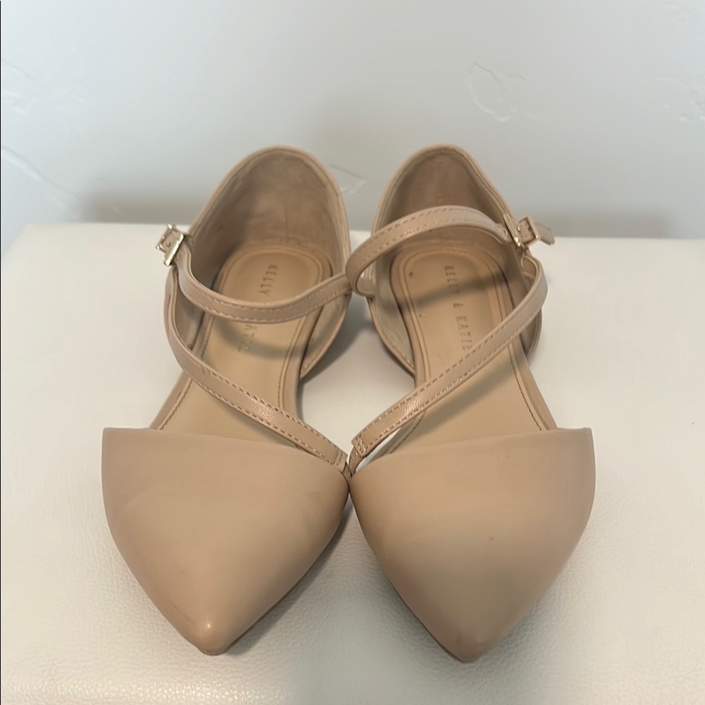 Kelly & Katie Tan Pointed-Toe Flats with Ankle Straps- Hardly Worn